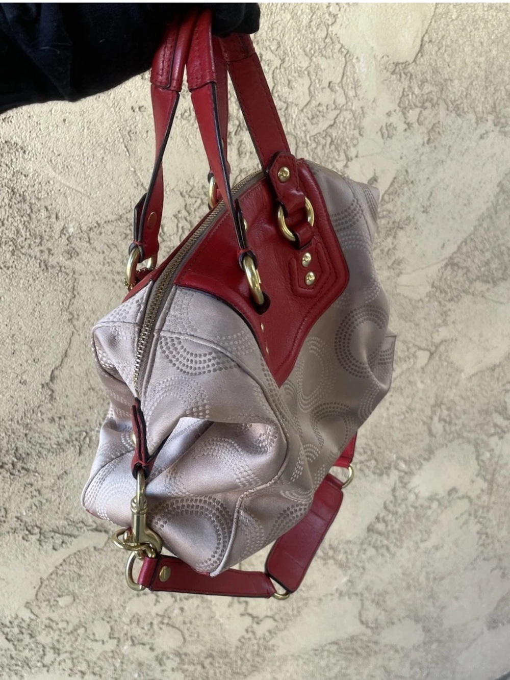 Coach Ashley Signature Khaki Red Op Art Dotted Satchel Crossbody, 2012, F20027 - Picture 8 of 16